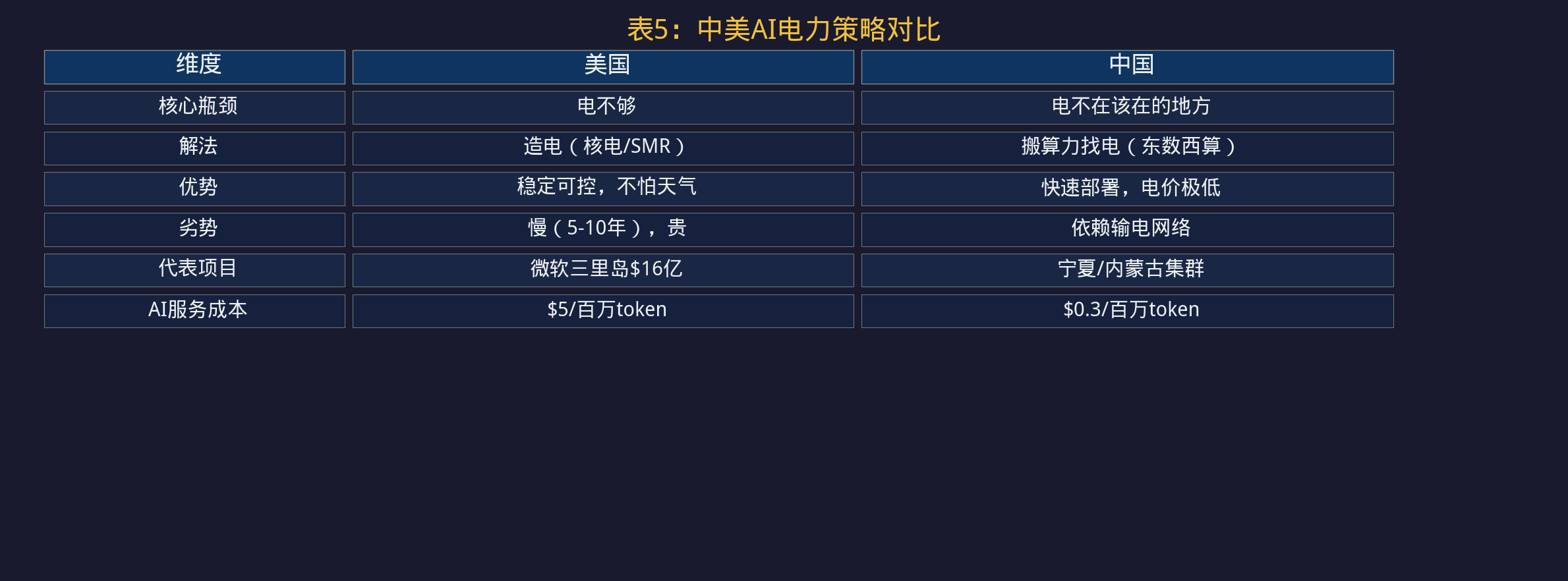表5：中美AI电力策略对比
